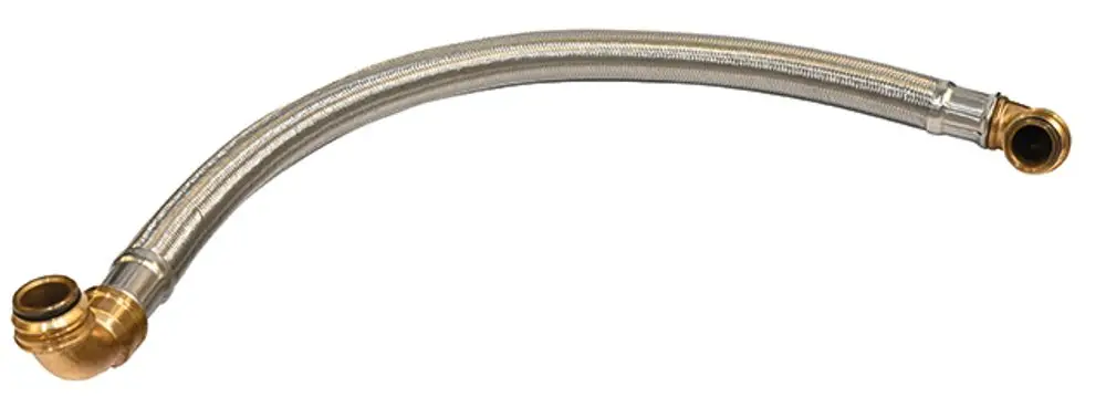 Syr Panzerschlauch mit zwei gebogenen Anschlüssen, gefertigt aus flexiblem Material mit einer metallischen Ummantelung.